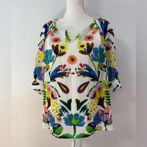 Tru Luxe Jeans White Floral Split V-Neck Tunic with Multicolor Blooms